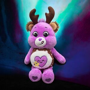 2022 Purple Care Bear w/Deer Antlers Star Heart Belly Stuffed Plush Animal Toy